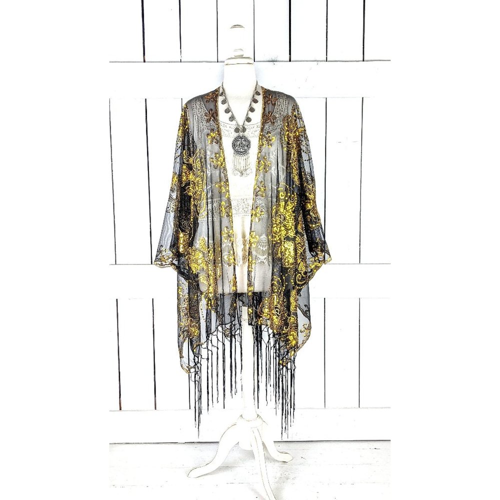 Gold black floral sequin sheer kimono cover up jacket